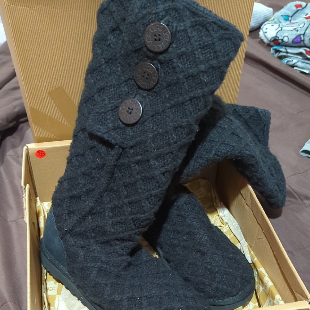 UGG Black Lattice Cardy Winter Boots Women's Size 8 - Picture 2 of 8